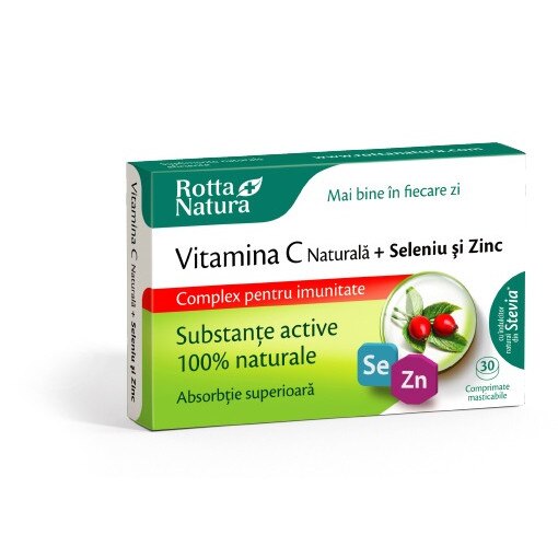 Supliment alimentar Vitamina C naturala + Seleniu si Zinc, Rotta Natura, 30 comprimate masticabile